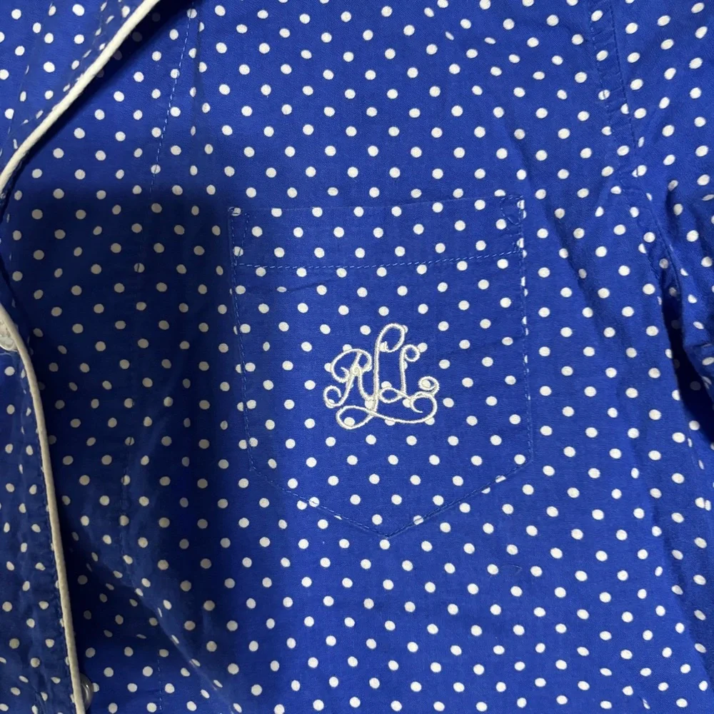 Lauren Ralph Lauren Embroidered LRL Blue Polka Dot Button Down Nightgown - Picture 2 of 4
